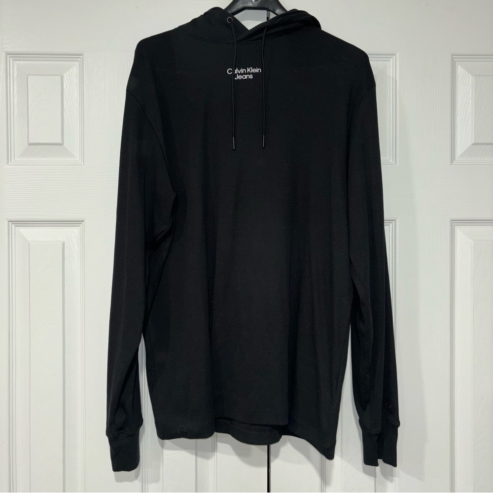 Calvin Klein Jeans Black Ribbed Long Sleeve Hooded Shirt Large Cotton Blend